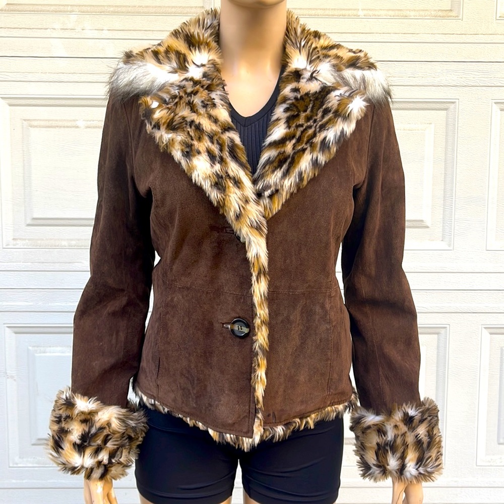 Guess Brown Leather Jacket with Animal Print Trim